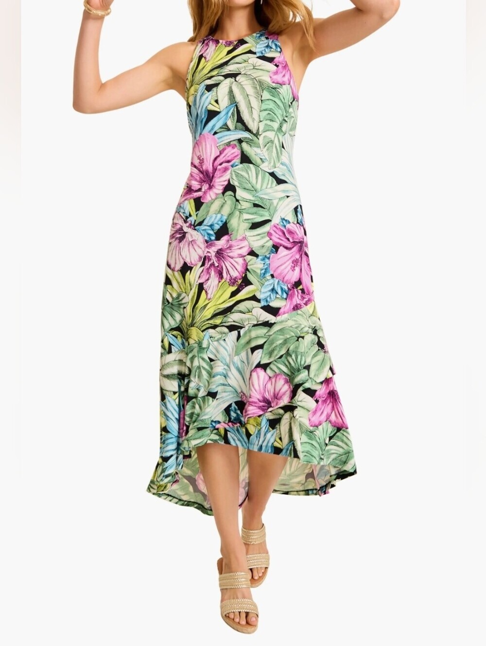 Tommy Bahama Jasmina Jungle Pink Tropical Floral Jewel Neck Maxi Dress M